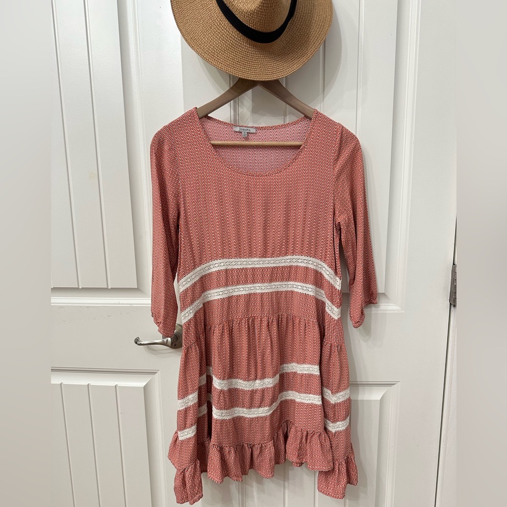 JODIFL‎ orange Dress with Lace Insets Sz Small Tiered Ruffle 3/4 Sleeves Boho
